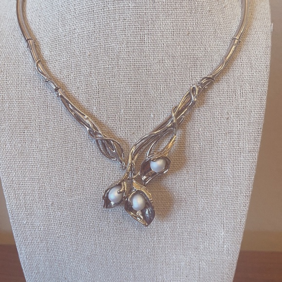 Sterling Silver and Cultured Pearl Segmented Pendant Necklace Signed